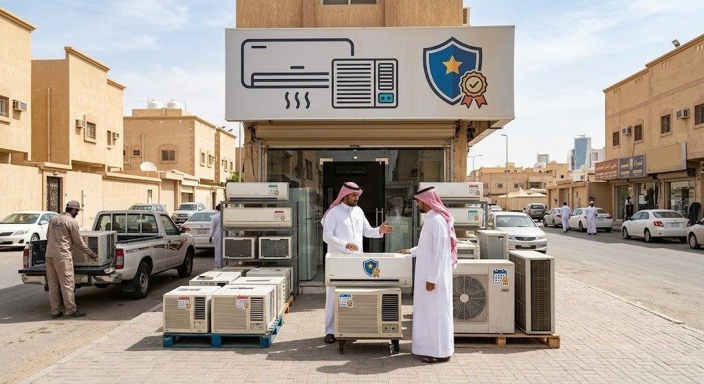 فريق عمل متخصص يقوم بمعاينة وتقييم وشراء المكيفات المستعملة بحالة جيدة ضمن خدمات شراء مكيفات العليا بالرياض لضمان تقديم أفضل الأسعار للعملاء.