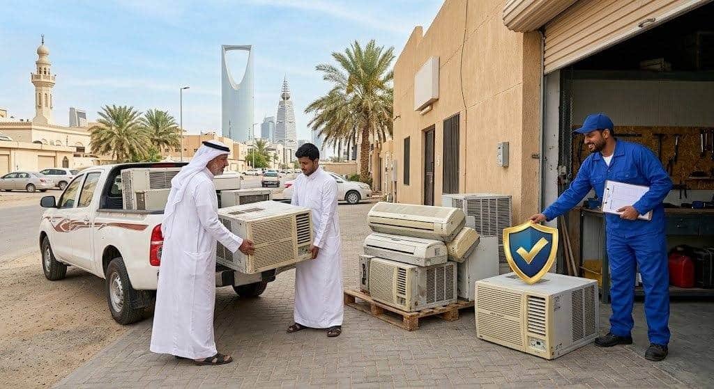 فريق عمل محترف يقوم بتقييم وفك وشراء المكيفات المستعملة ضمن خدمات شراء مكيفات حي السويدي لضمان تقديم أفضل الأسعار وخدمة سريعة وموثوقة.