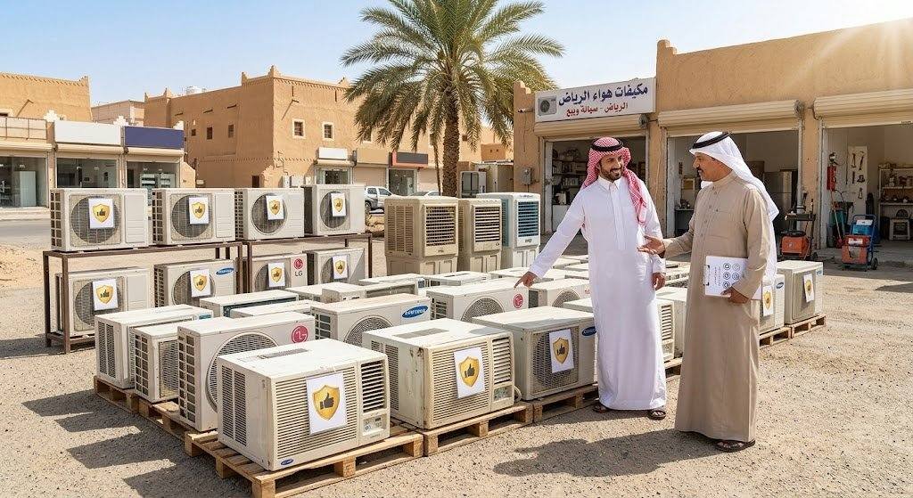 فريق عمل محترف يقوم بفحص وتقييم المكيفات المستعملة بعناية ضمن خدمات شراء مكيفات حي النرجس بالرياض لضمان تقديم أفضل الأسعار وتوفير تجربة مريحة وسريعة.